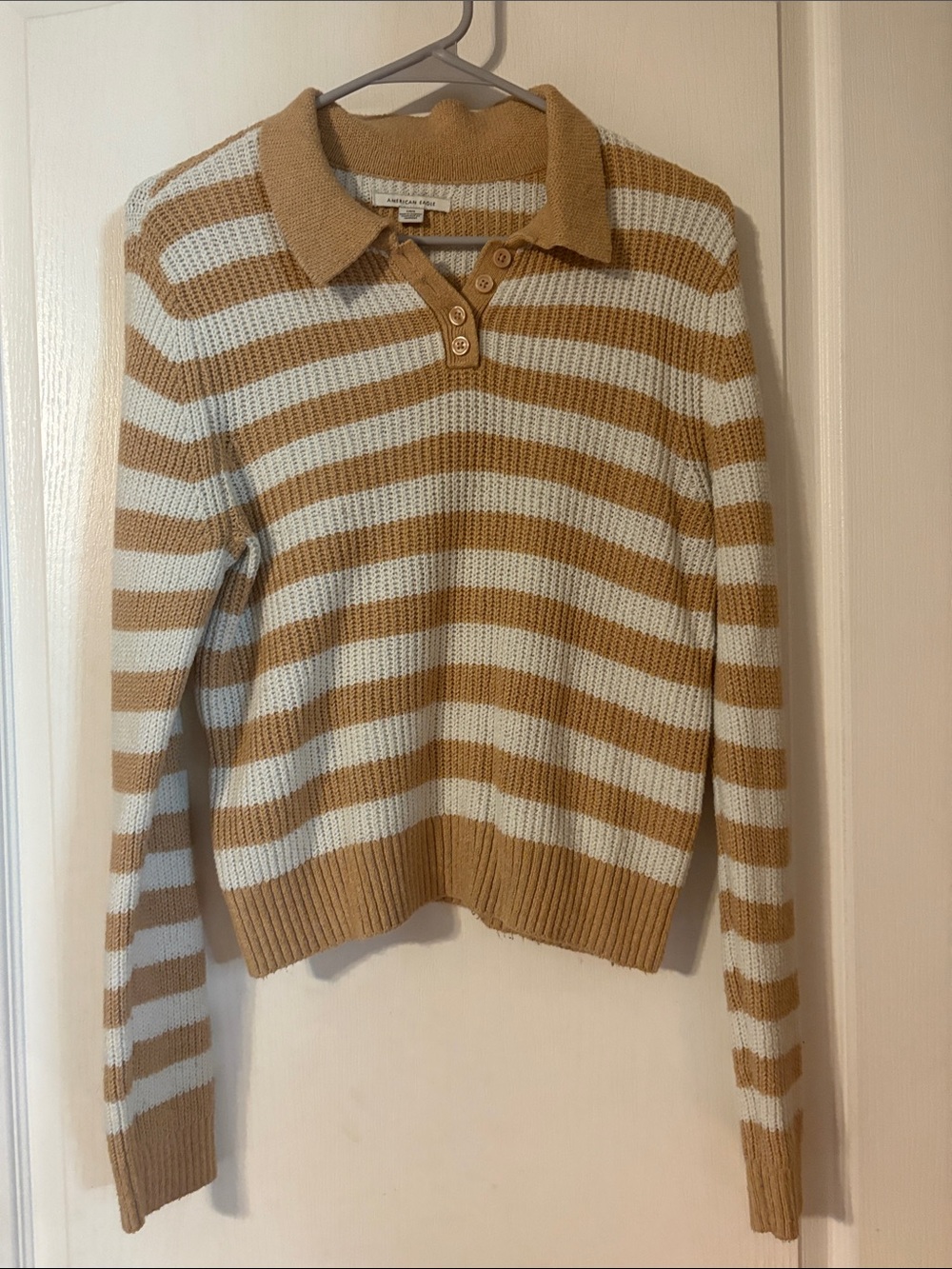 American Eagle Outfitters Striped Polo Sweater in Cream and Tan